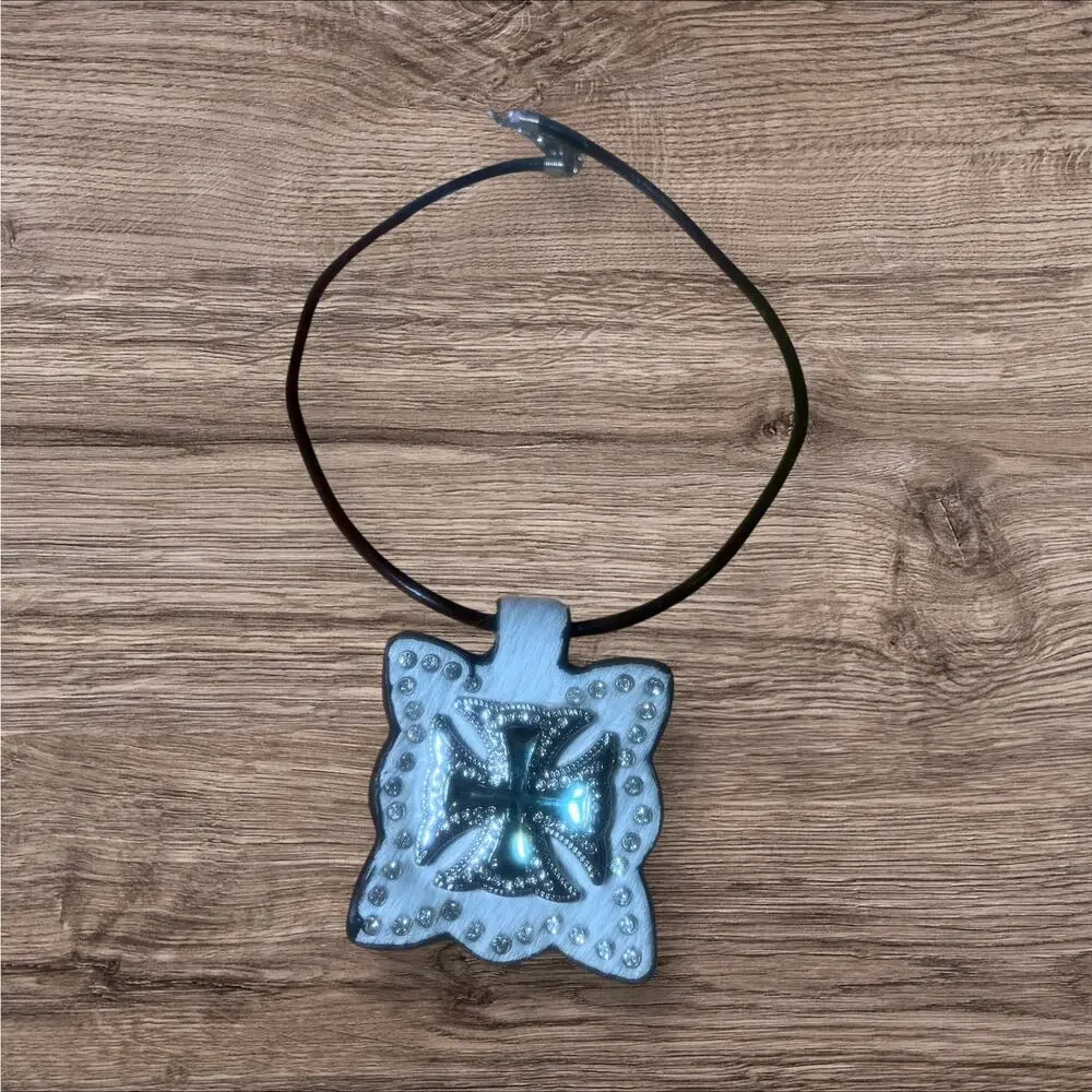 Set of 2 Western Cross Necklaces Cow Hair with Crystal/Stones NWT